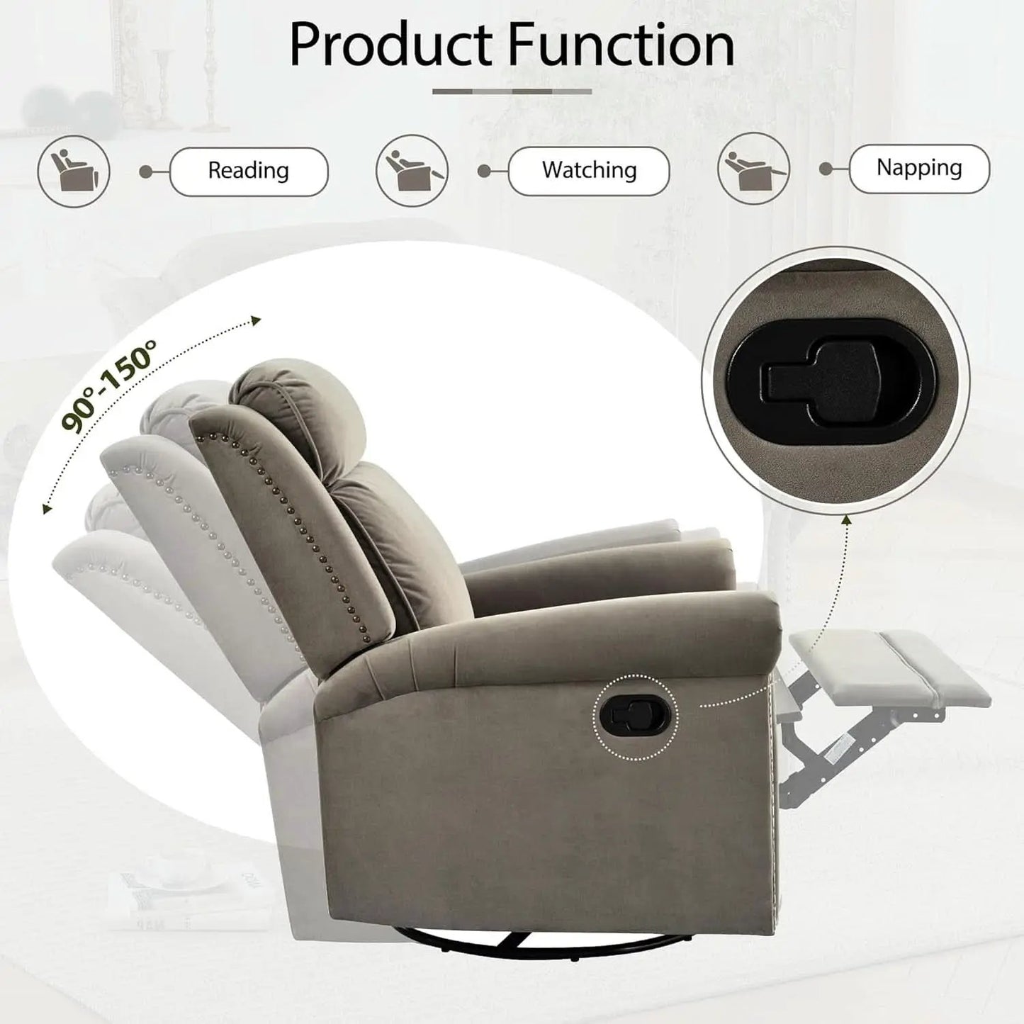 Light Brown Velvet Swivel Rocker Recliner Nailhead Trim from PriceLows™