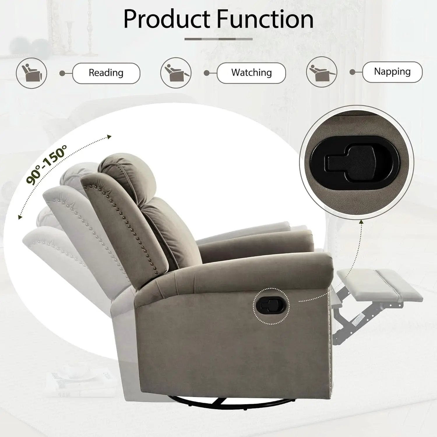 Light Brown Velvet Swivel Rocker Recliner Nailhead Trim from PriceLows™