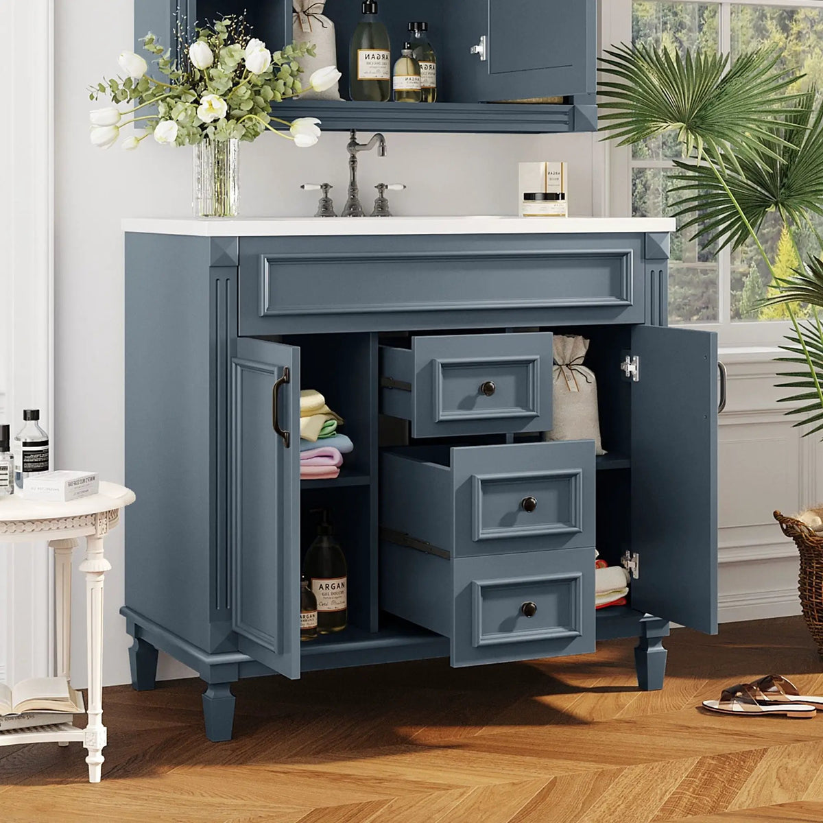 36 Inch Bathroom Vanity With Top Sink | Blue Finish | 2 Soft Closing Doors | 2 Drawers