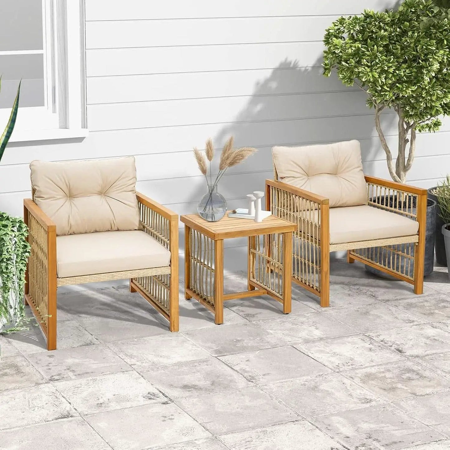 3 Piece Acacia Wood Patio Furniture Set With Beige PE Wicker Cushioned Chairs And Coffee Table from PriceLows™