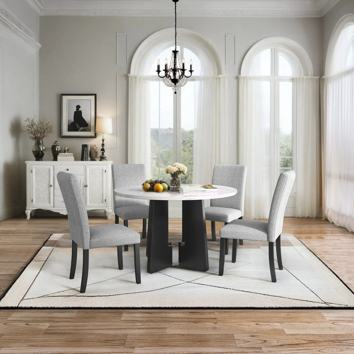 5 Piece Round Dining Table Set, Dining Table And 4 Upholstered Chairs For Dining | 5-Piece Set | Marble & Linen | Gray
