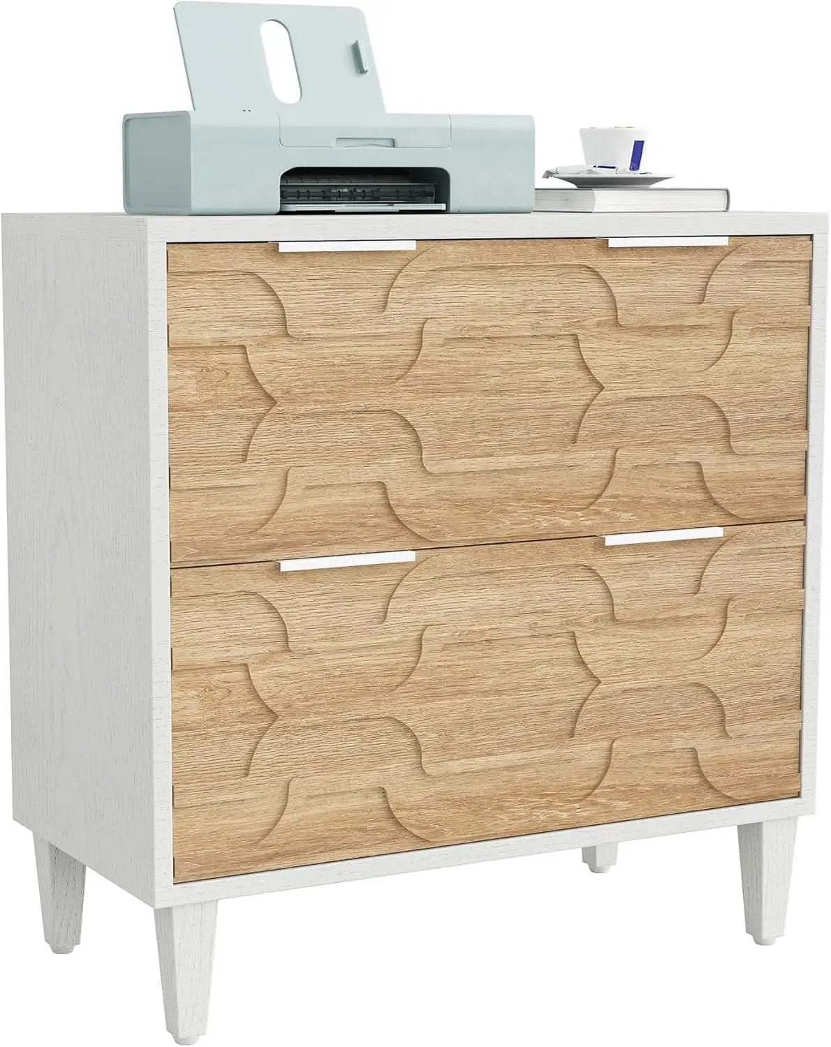 Two Drawer Lateral File Cabinet For A4 Letter And Legal Size Documents White And Walnut Printer Stand from PriceLows™