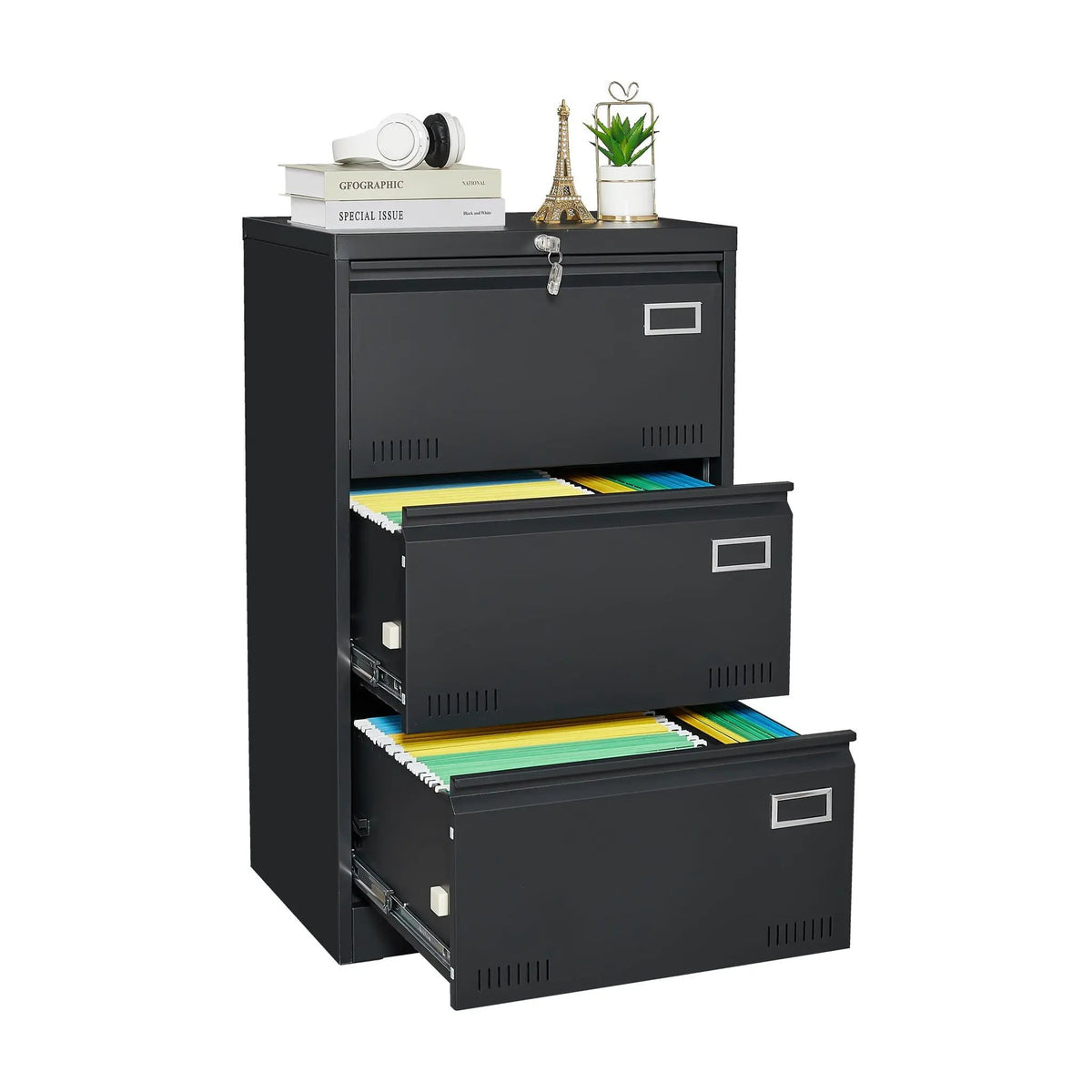 Lateral File Cabinet | 3 Drawer Locking Metal | Widened Drawers | 40 Inch Height