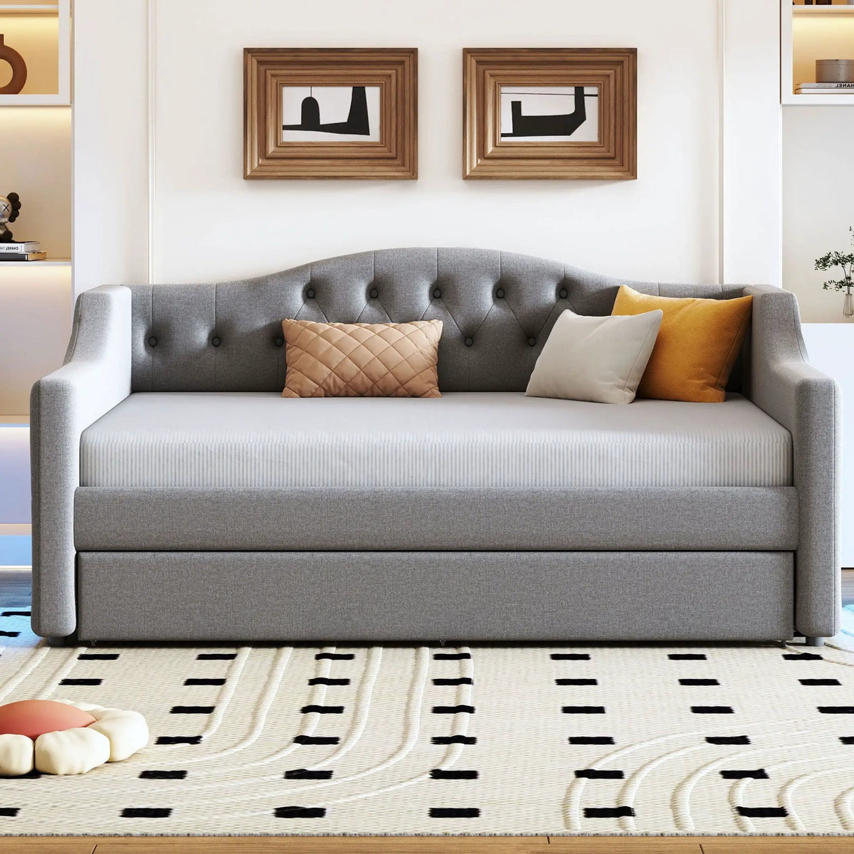 Daybed With LED Lights | Upholstered Trundle Daybed | Thickly Padded Sponge | 84 Inch Length