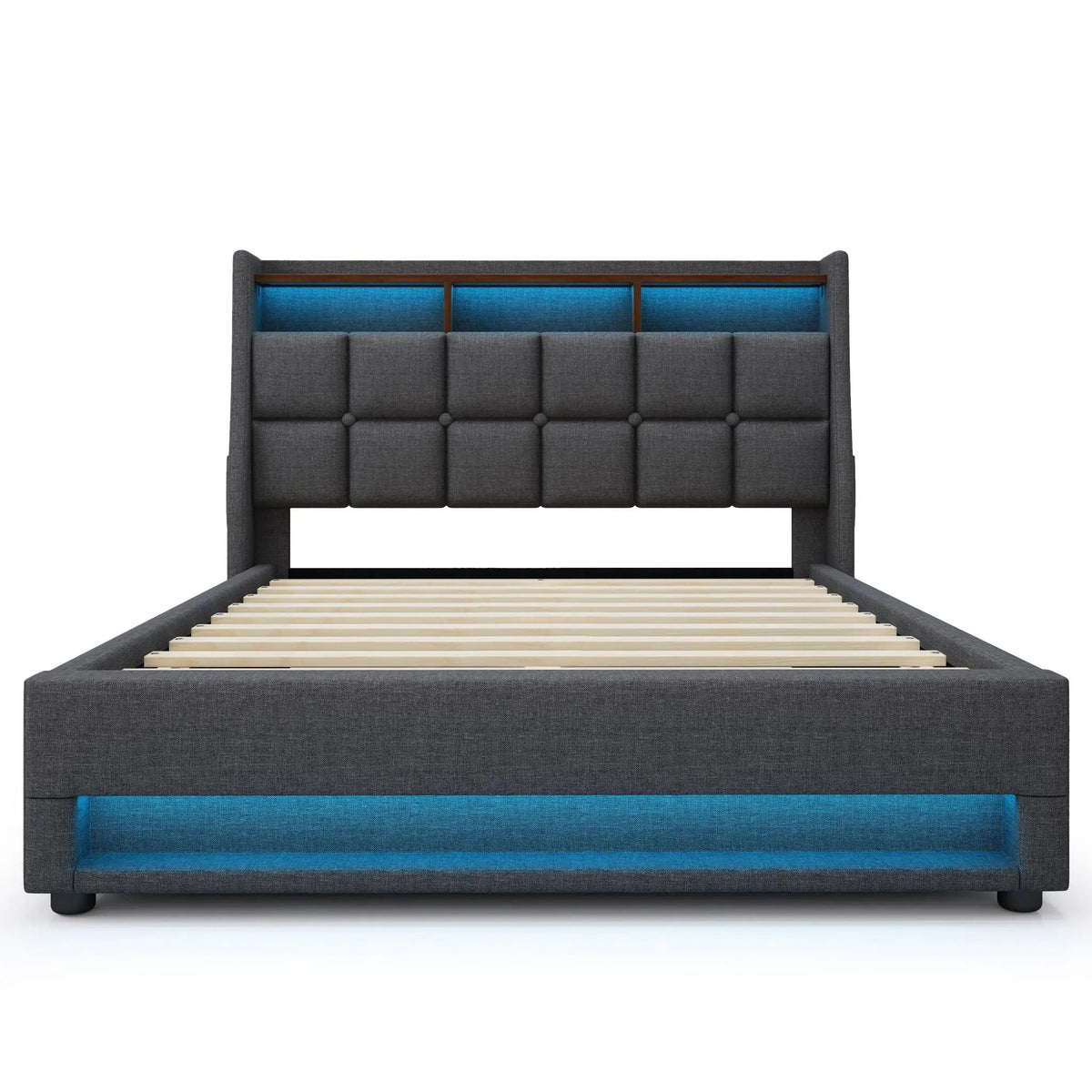 Upholstered Platform Bed | Hydraulic Storage System | LED Lighting | USB Charging Port