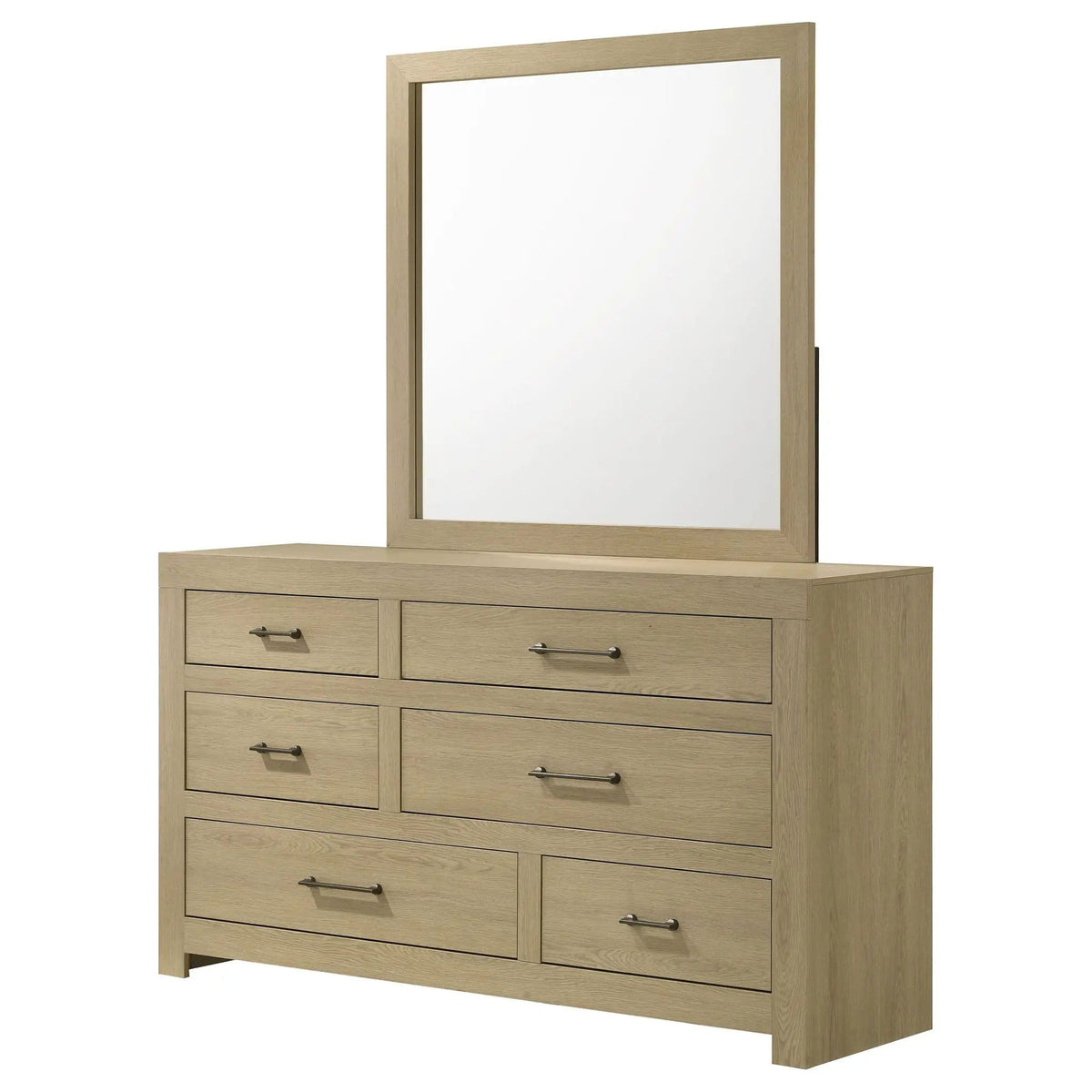 Hendricks 6-drawer Bedroom Dresser and Mirror | 60 x 16.75 x 73 in | Rubberwood & Engineered Wood | Light Oak