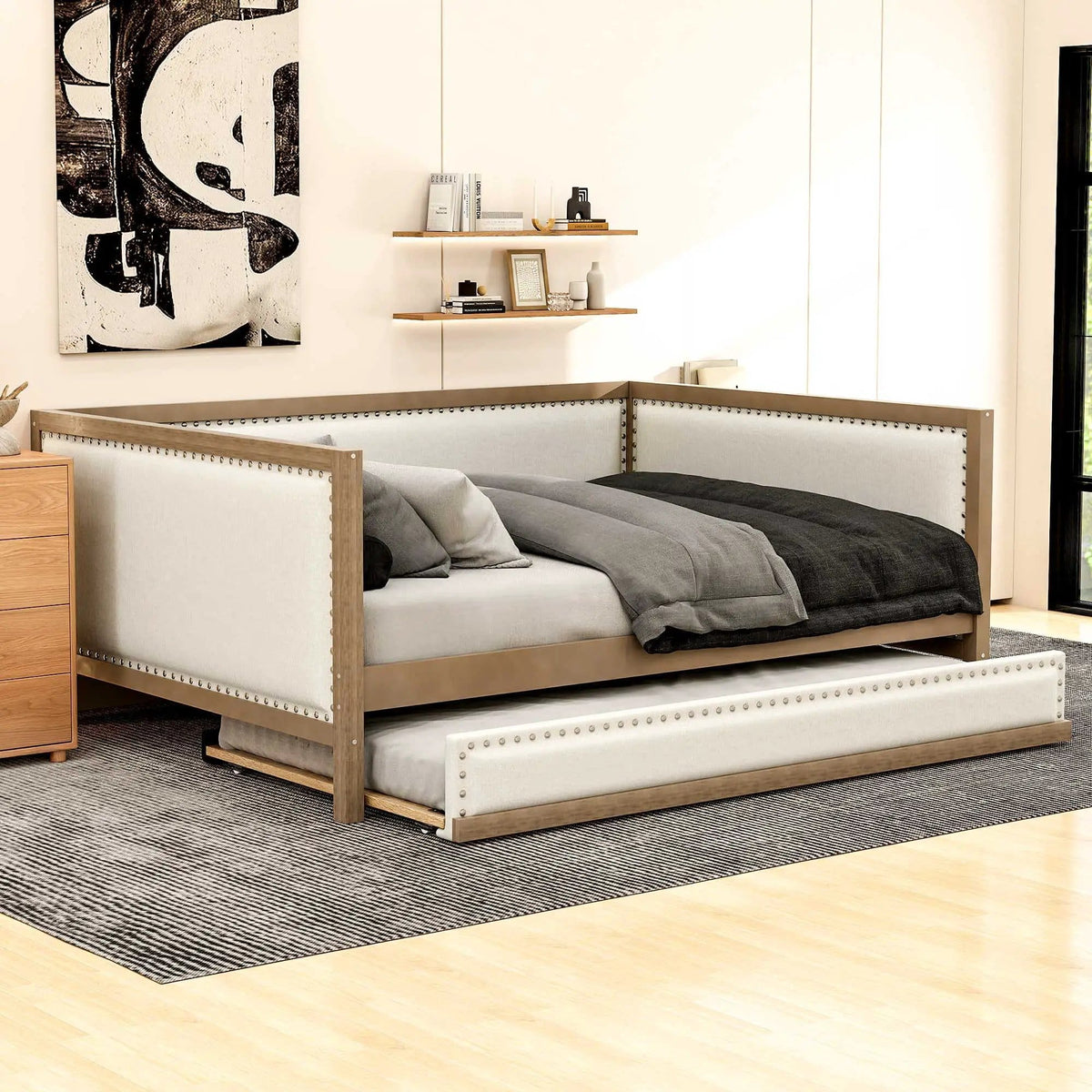 Full Size Daybed With Trundle And Nailhead Decoration Wood | 79.5 x 56.8 x 33 in | Pine Wood & Linen | Bedroom