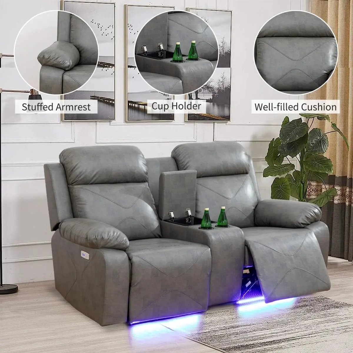 Power Recliner Sofa Set With LED Lights Grey Two Piece from PriceLows™