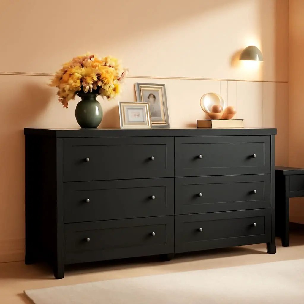 Farmhouse Black 6 Drawer Dresser 53InchWide Storage from PriceLows™
