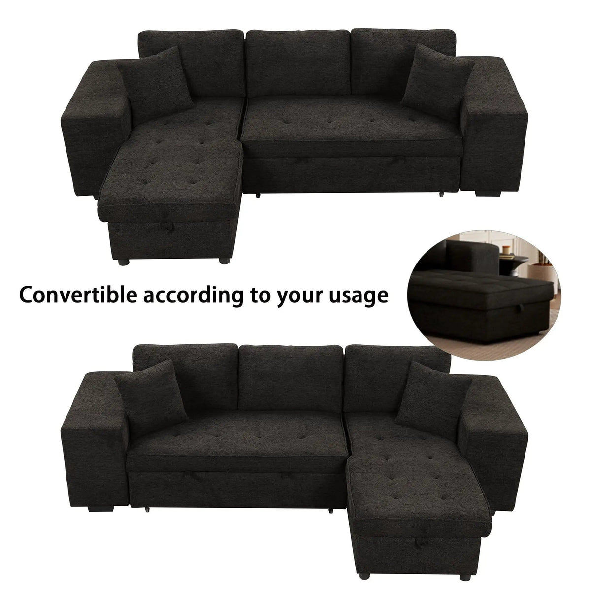 Modern L-Shape 3 Seat Reversible Sectional Couch, Pull Out Sleeper Sofa With Storage | 4 Pieces | Fabric | Living Room