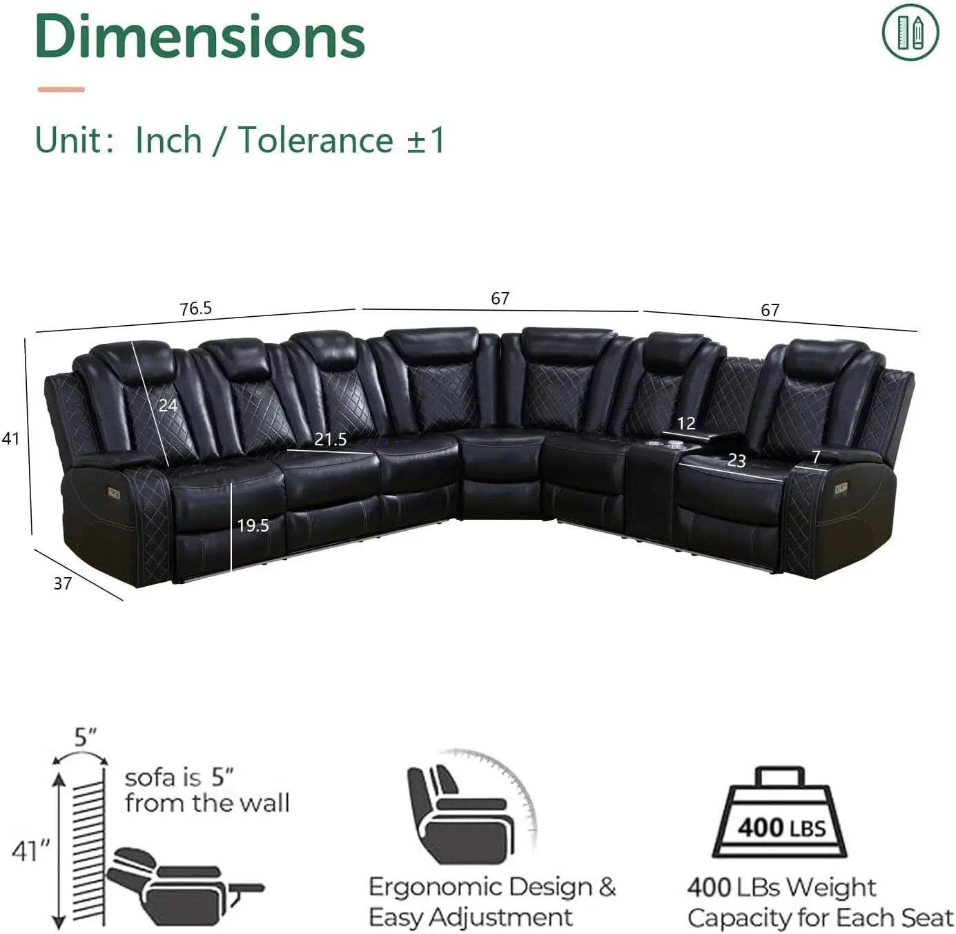 Black Leather Power Reclining Sectional Sofa Living Room from PriceLows™