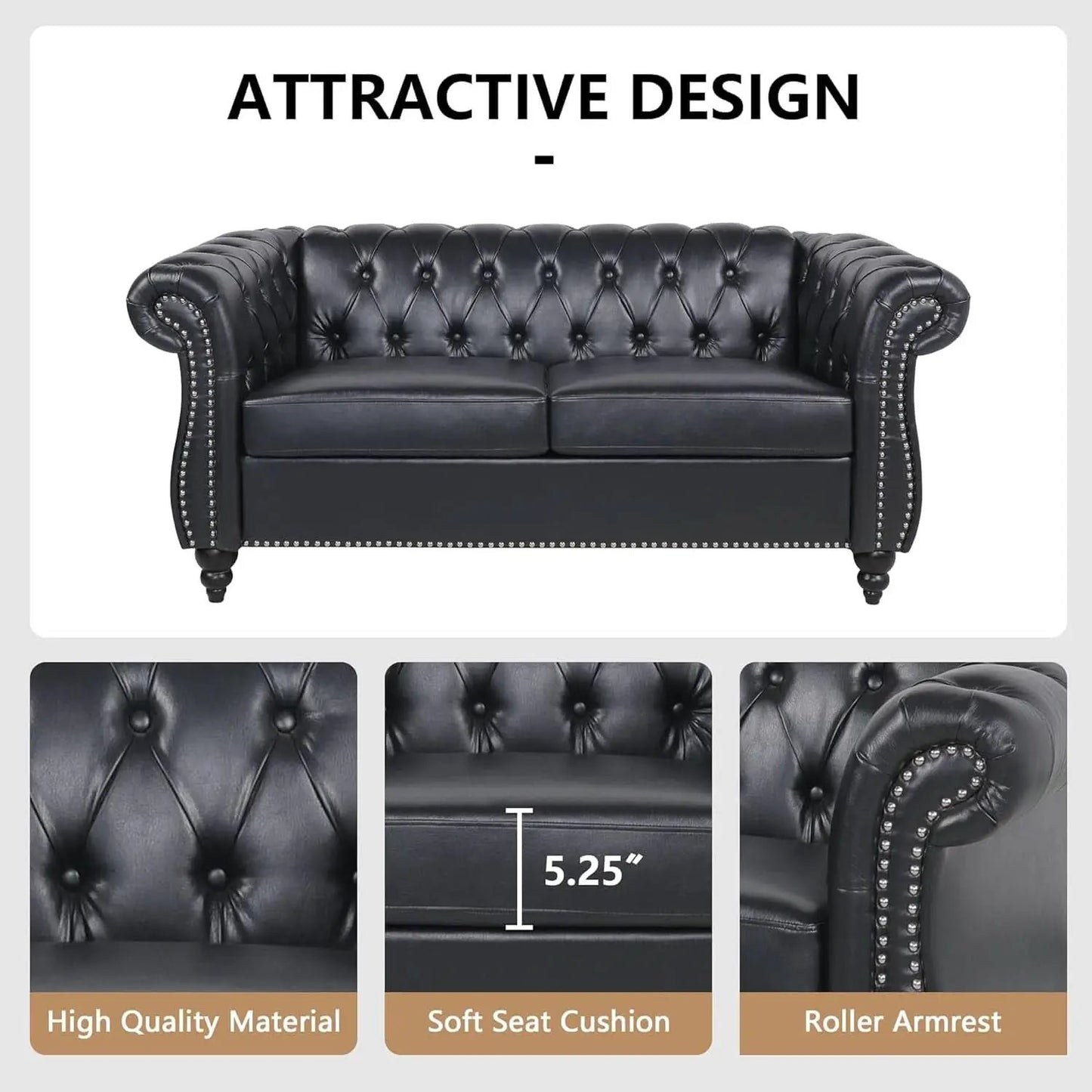 3 Piece Living Room Set Sectional Chesterfield Sofa Chair Artificial Leather Black from PriceLows™