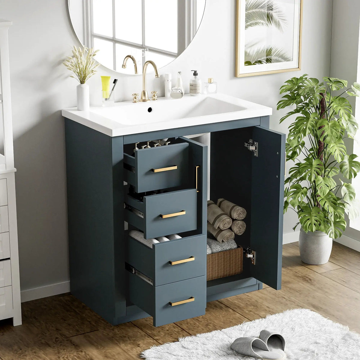30 Inch Bathroom Vanity | 3 Drawers Soft Close | Solid Wood Ceramic Combo