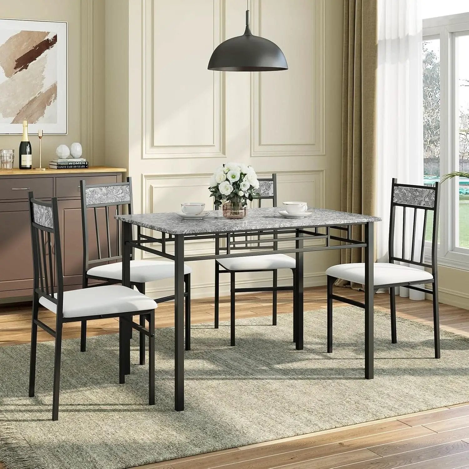 Grey Faux Marble Dining Table Set For 4 With Padded Chairs from PriceLows™