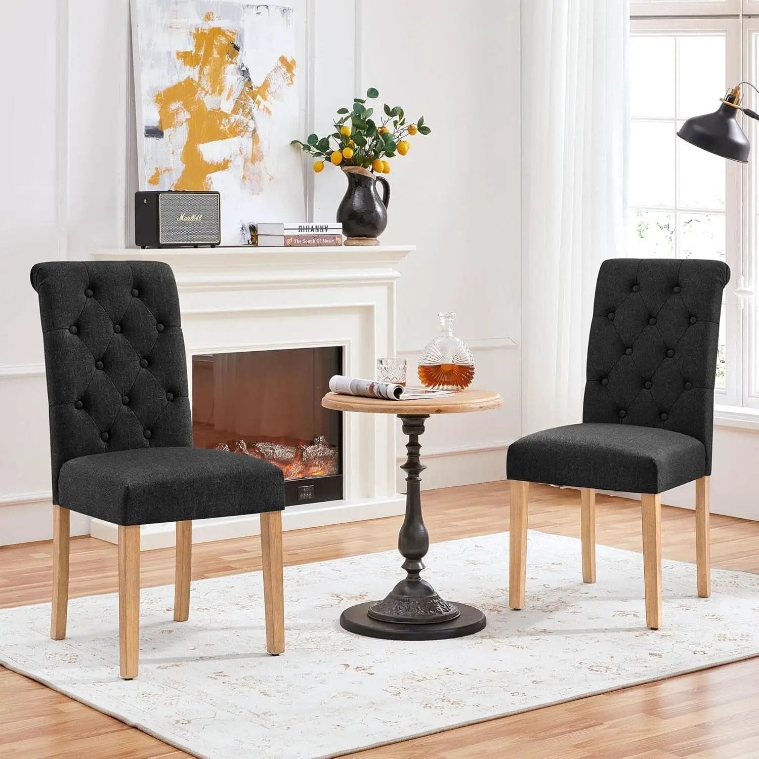 Tufted Upholstered Dining Chair Pair With Solid Wood Legs Black from PriceLows™