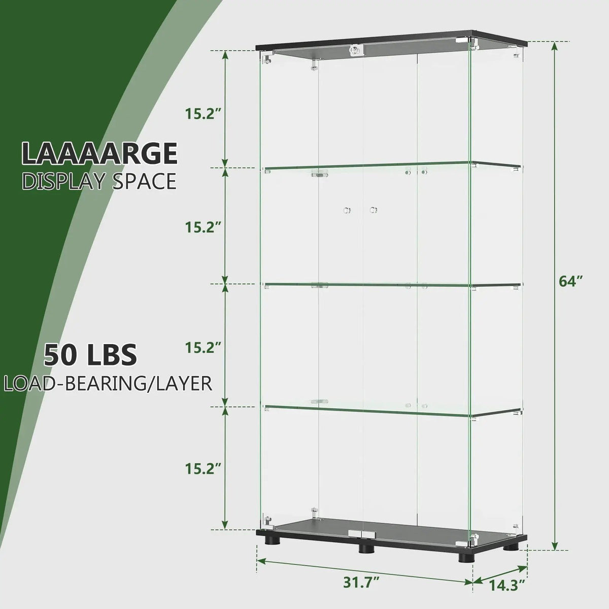 Display Cabinet With Lock | Double Doors | 5mm Tempered Glass Shelves | 50 Lb Shelf Capacity