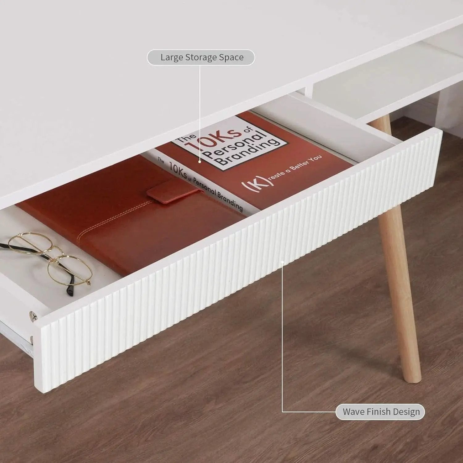 White Mid Century Modern Desk With Hidden Drawer For Home Office from PriceLows™