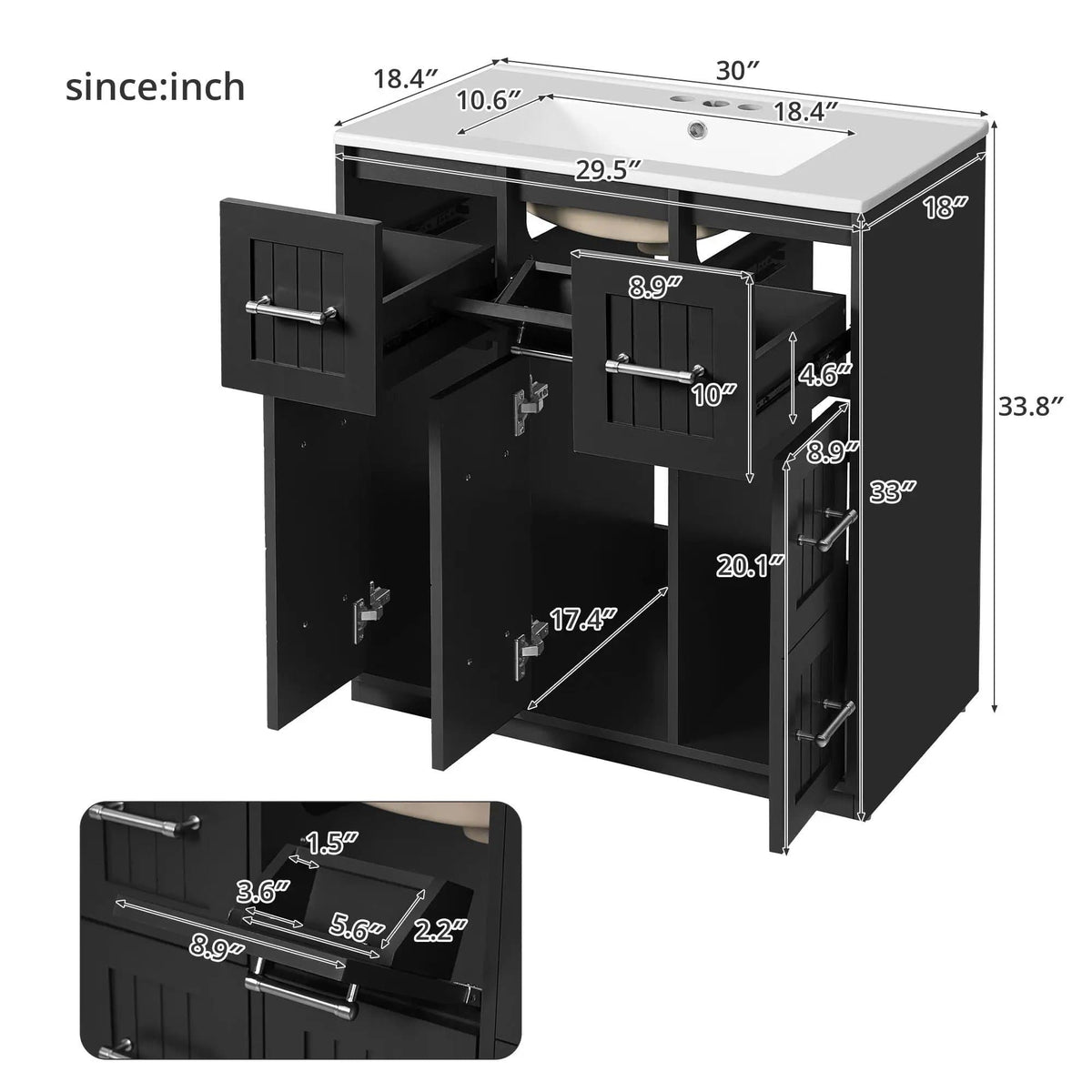 Bathroom Vanity With Undermount Sink, Soft-Close Doors, Drawers, Ceramic Sink | 30 x 18.4 x 33.8 in | Solid Wood & Metal | Bathroom
