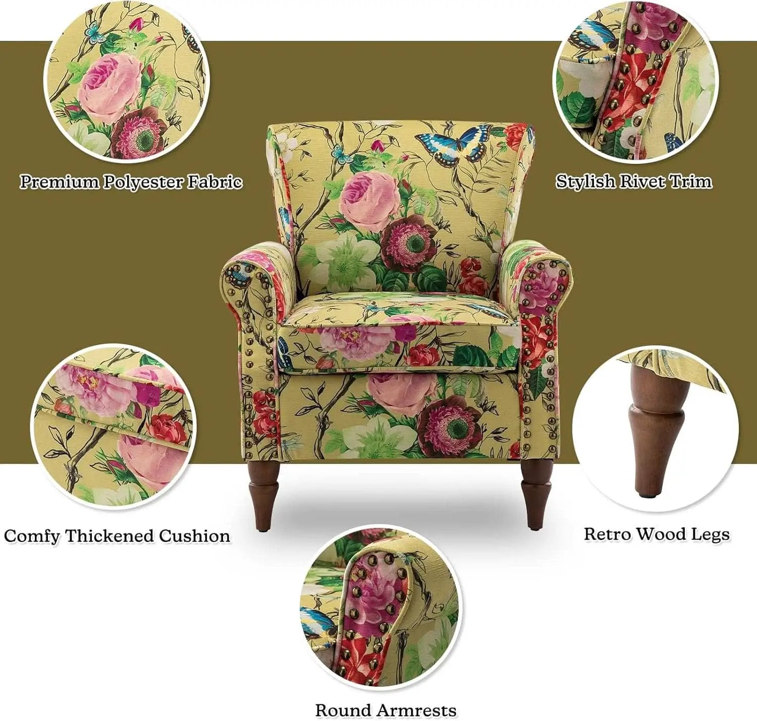 Mustard Floral Wingback Accent Chair With Solid Wood Legs from PriceLows™