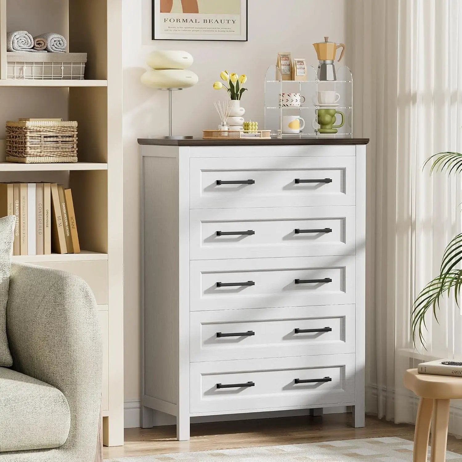 Tall White ChestOfDrawers With Five Drawers WalnutBrown from PriceLows™