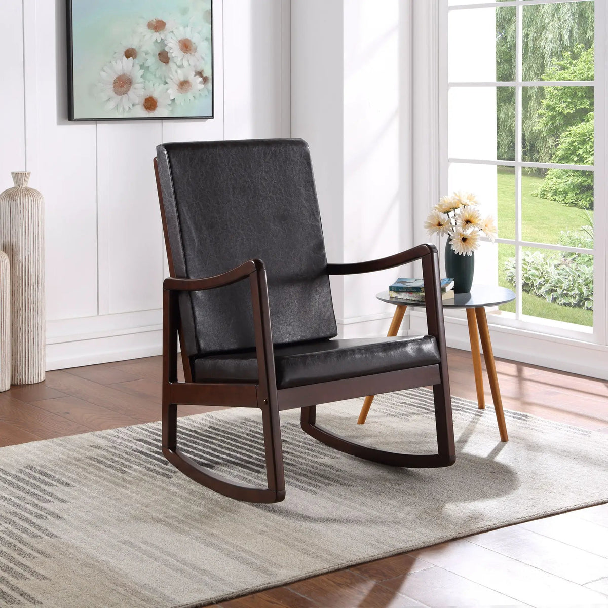 Raina Rocking Chair | Synthetic Leather | Espresso Finish | Rubber Wood Frame