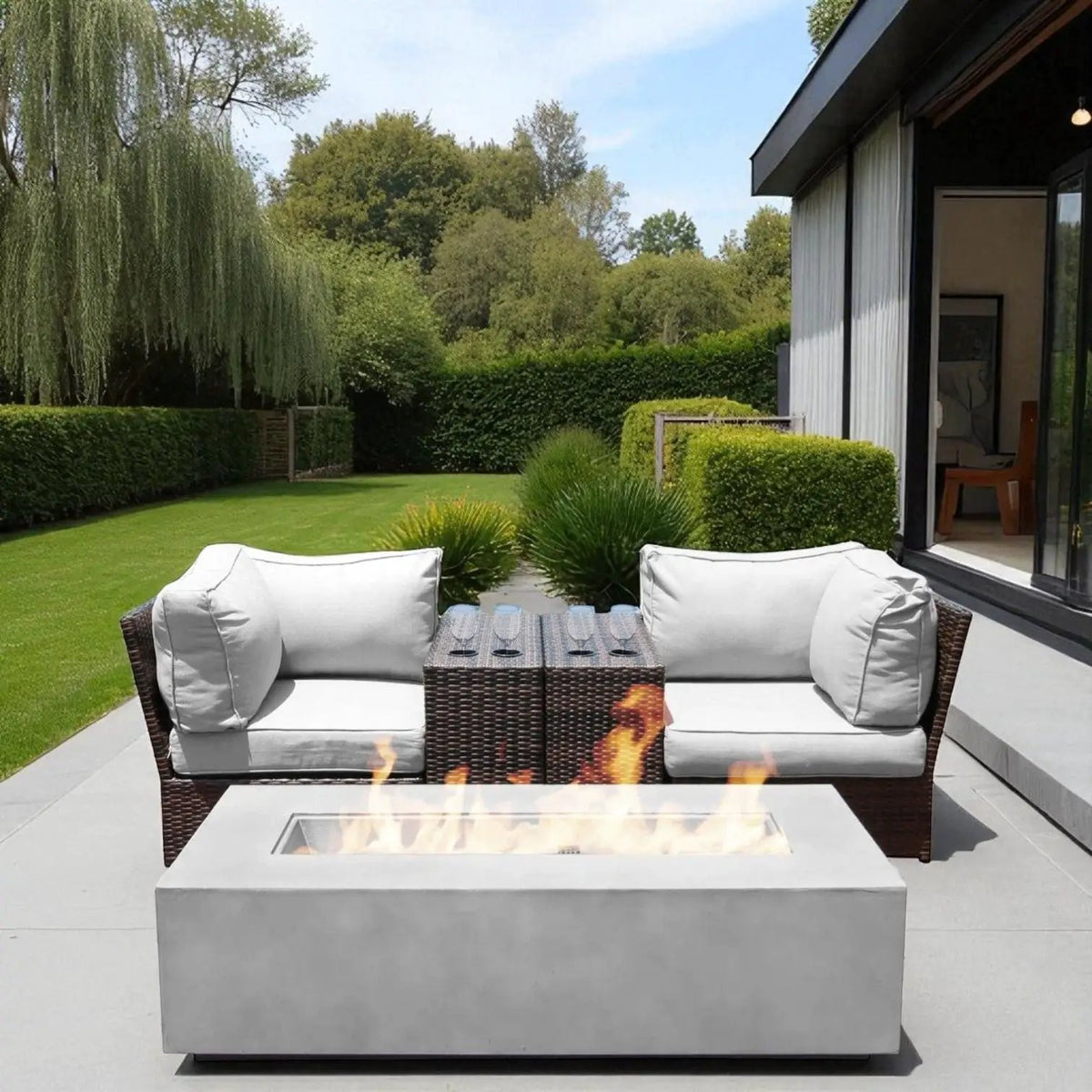 Outdoor Conversation Set | Fire Pit Included | 5 Inch Olefin Cushions | Espresso HDPE Wicker