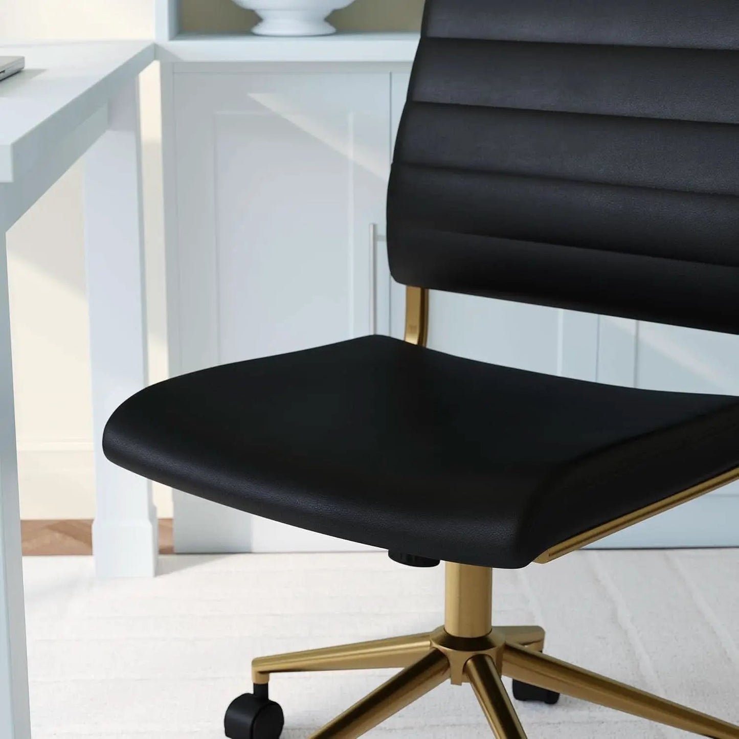 Armless Swivel Task Chair Black Faux Leather Brass Frame from PriceLows™