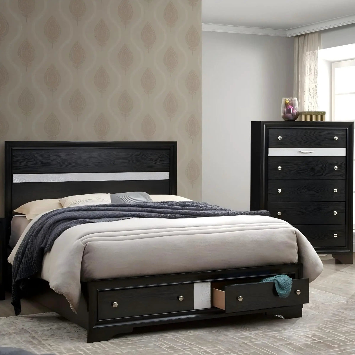 Madrid Queen Storage Bed | Two Built-In Drawers | Nickel Handles | Black Wood Grain Finish