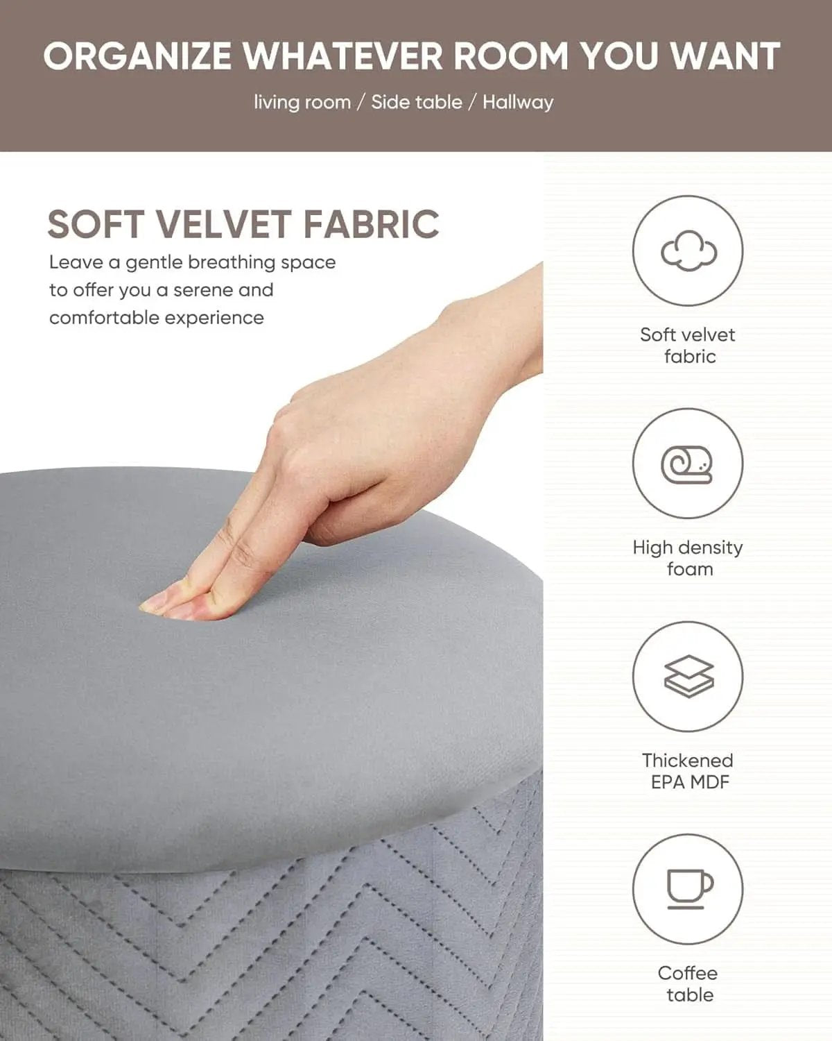 Grey Velvet Circular Storage Ottoman Golden Accents from PriceLows™