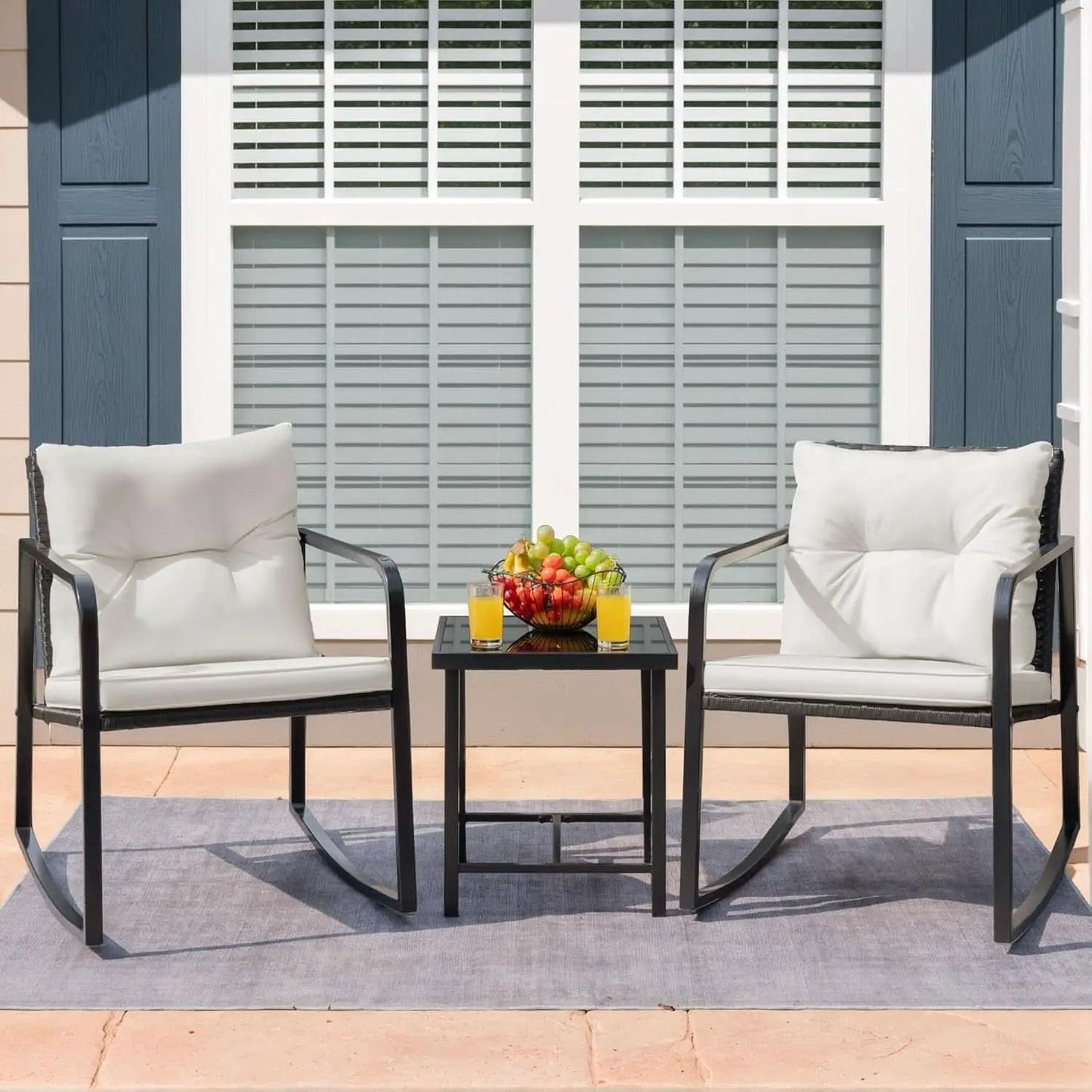 Patio Set 3 Piece White Wicker Rocking With Coffee Table from PriceLows™