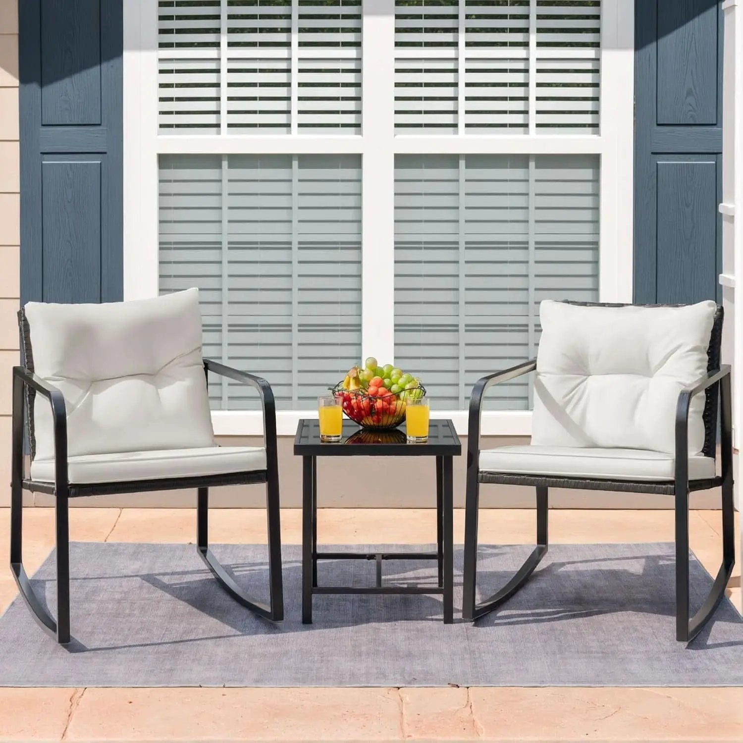 Patio Set 3 Piece White Wicker Rocking With Coffee Table from PriceLows™