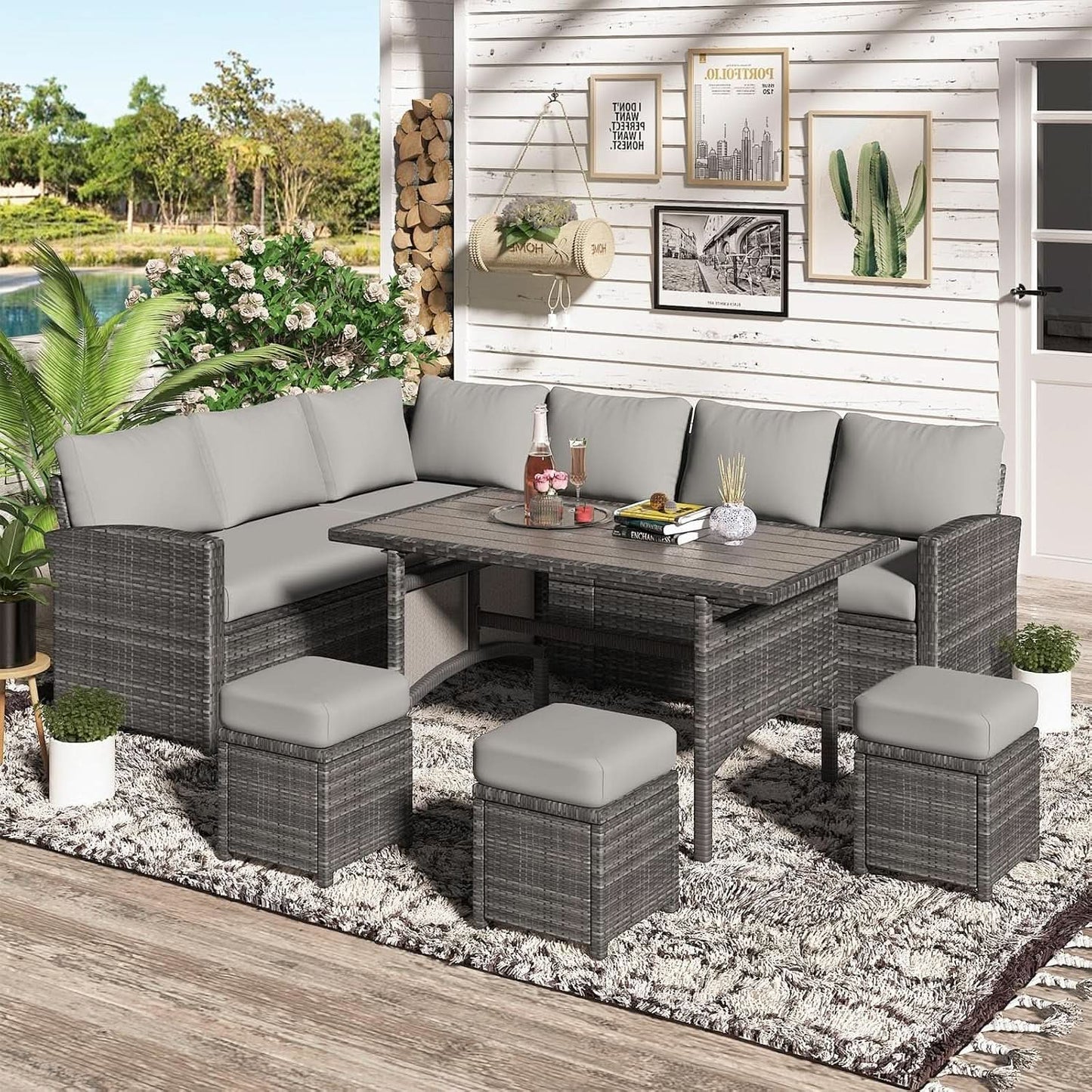 7 Piece Outdoor Patio Sectional Set All Weather Wicker Grey Cushions from PriceLows™