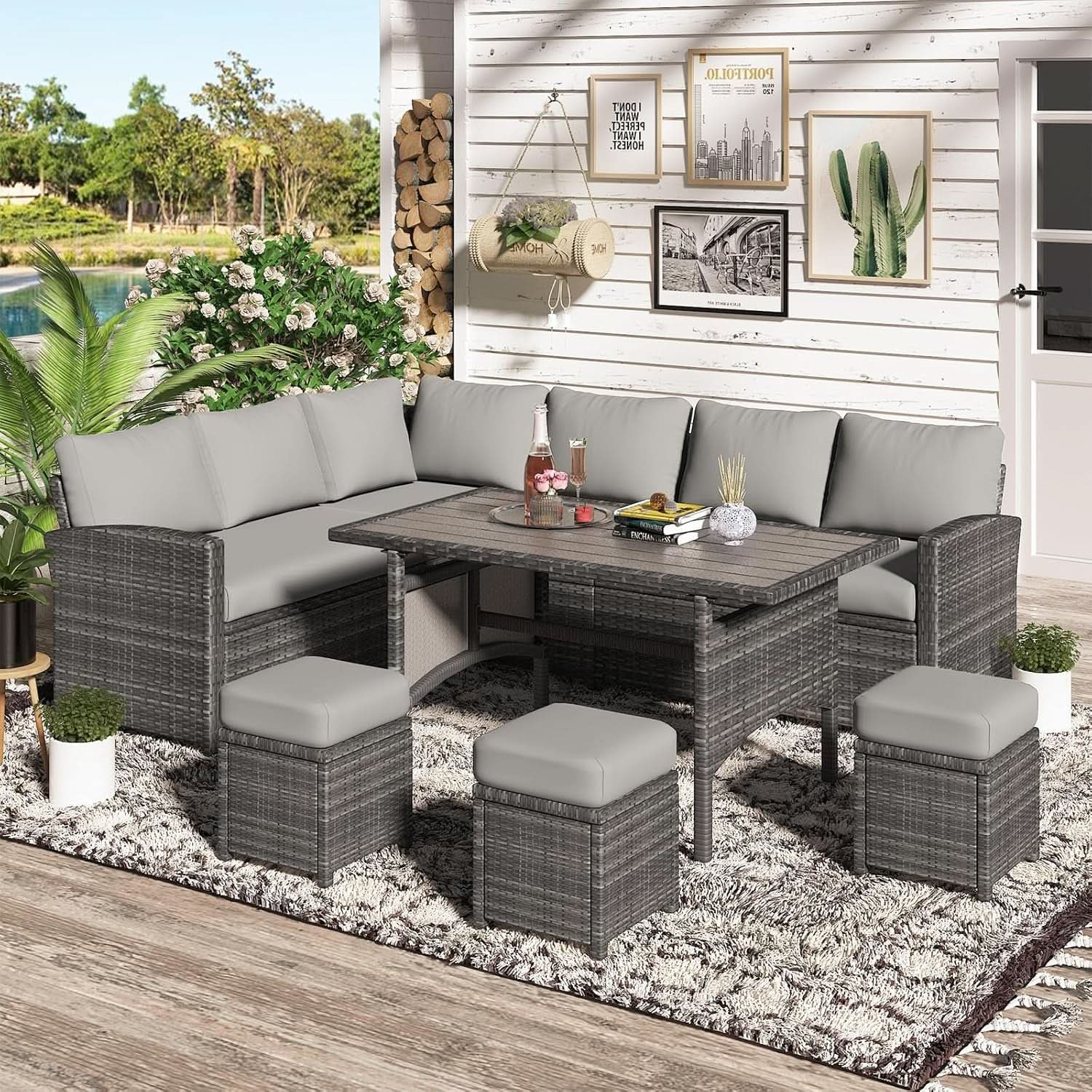 7 Piece Outdoor Patio Sectional Set All Weather Wicker Grey Cushions from PriceLows™