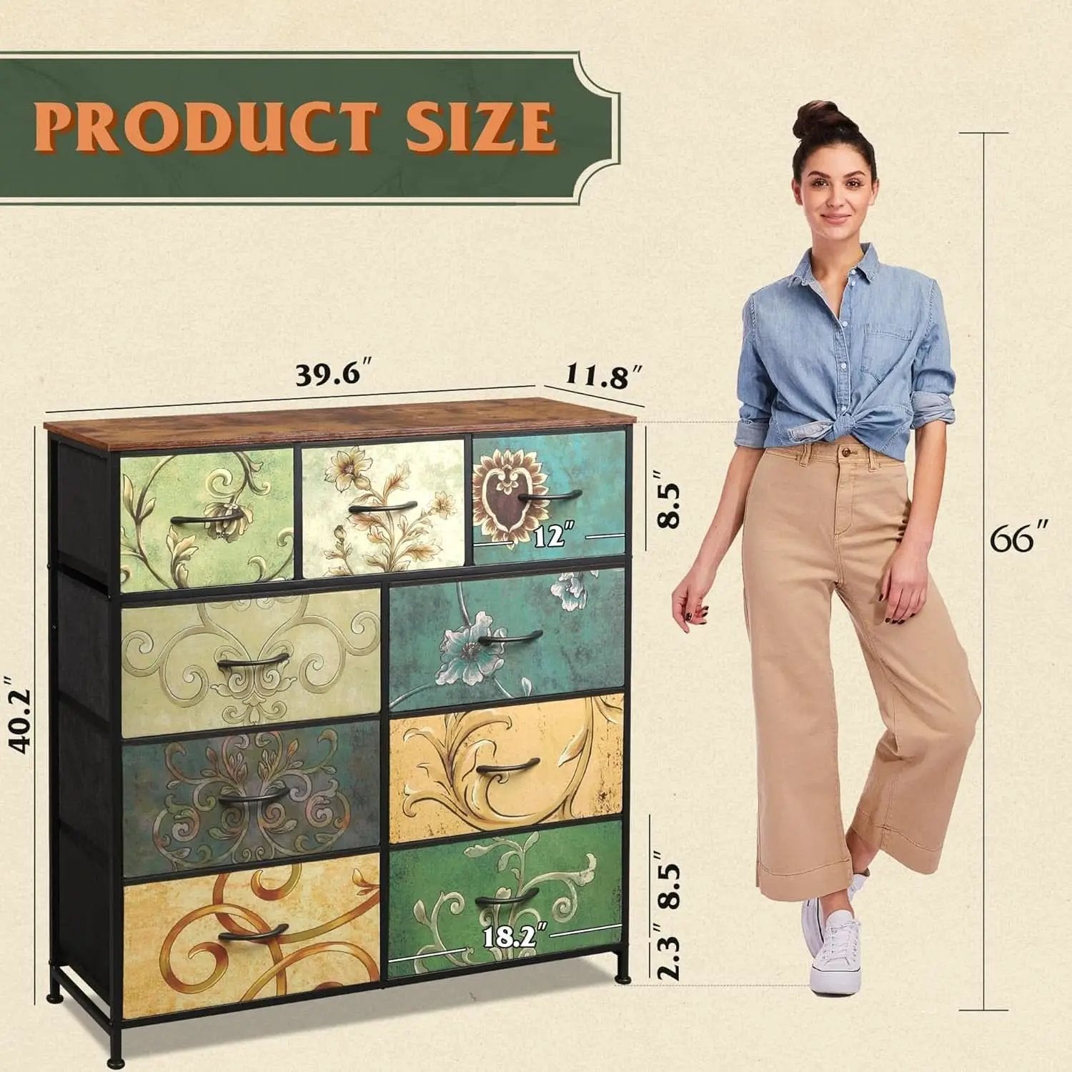9 Drawer Dresser With Fabric Bins Floral Pattern Wood Top from PriceLows™