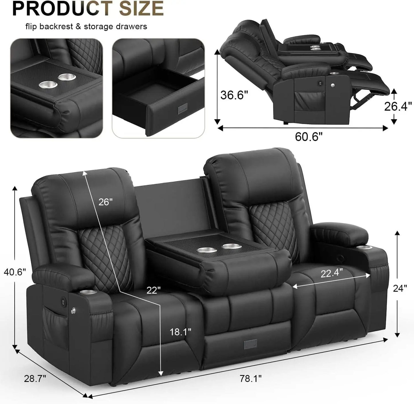 Three Seat Recliner Sofa With Flip Backrest And USB Ports from PriceLows™