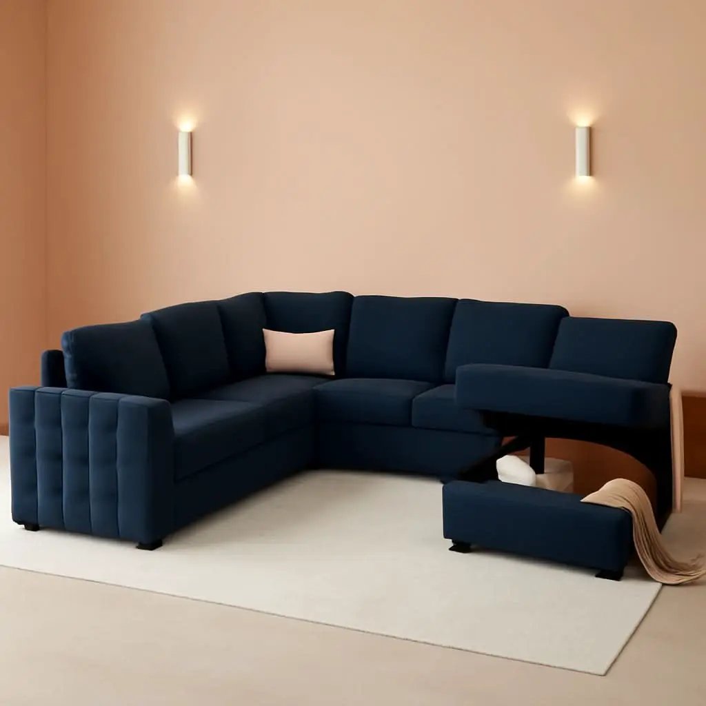 Blue Velvet U Shaped Sleeper Sofa With Pull Out Bed from PriceLows™