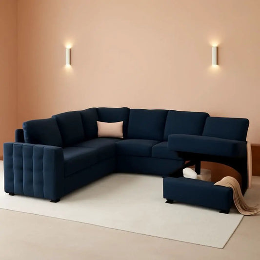 Blue Velvet U Shaped Sleeper Sofa With Pull Out Bed from PriceLows™