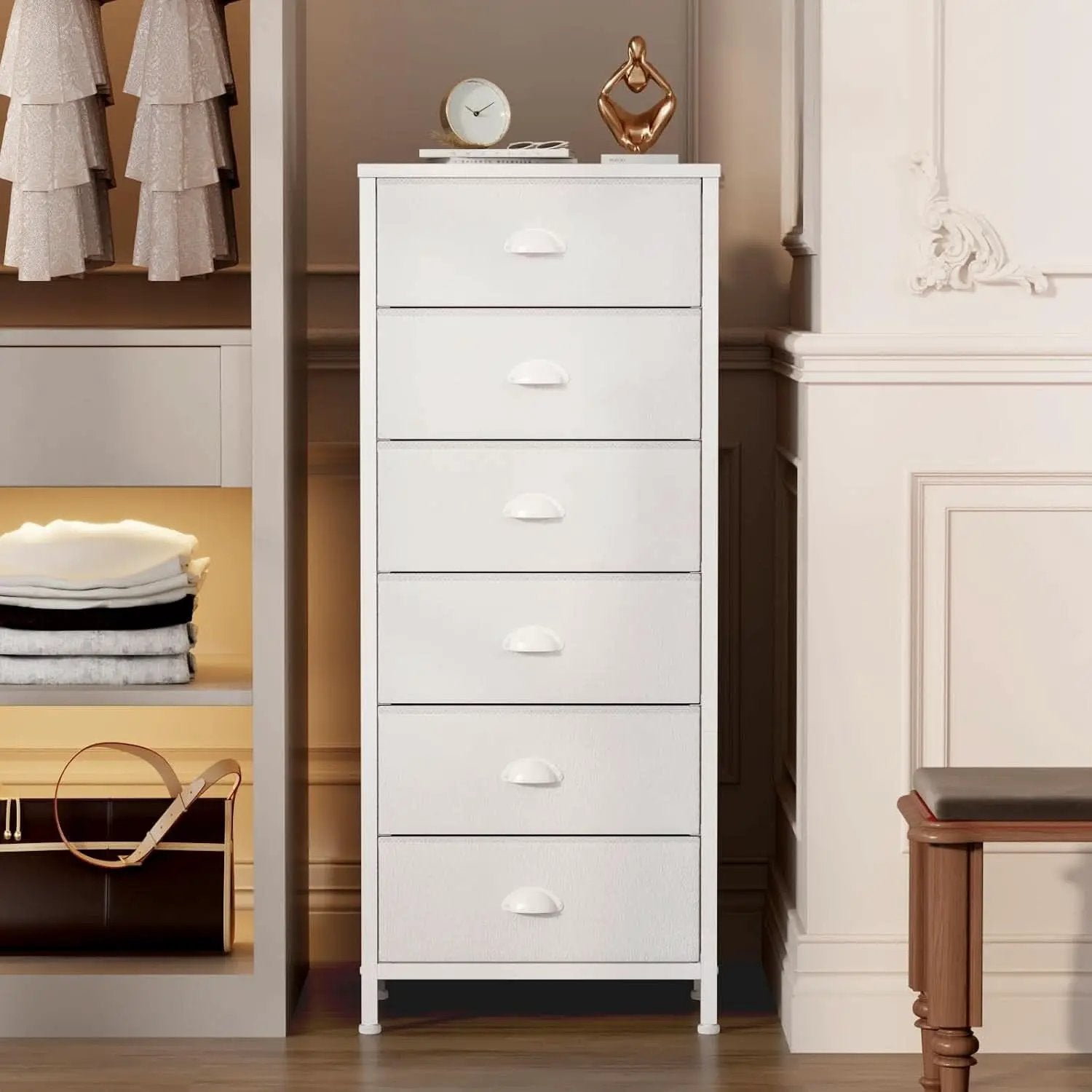 White Tall Dresser With Six Fabric Drawers For Organization from PriceLows™