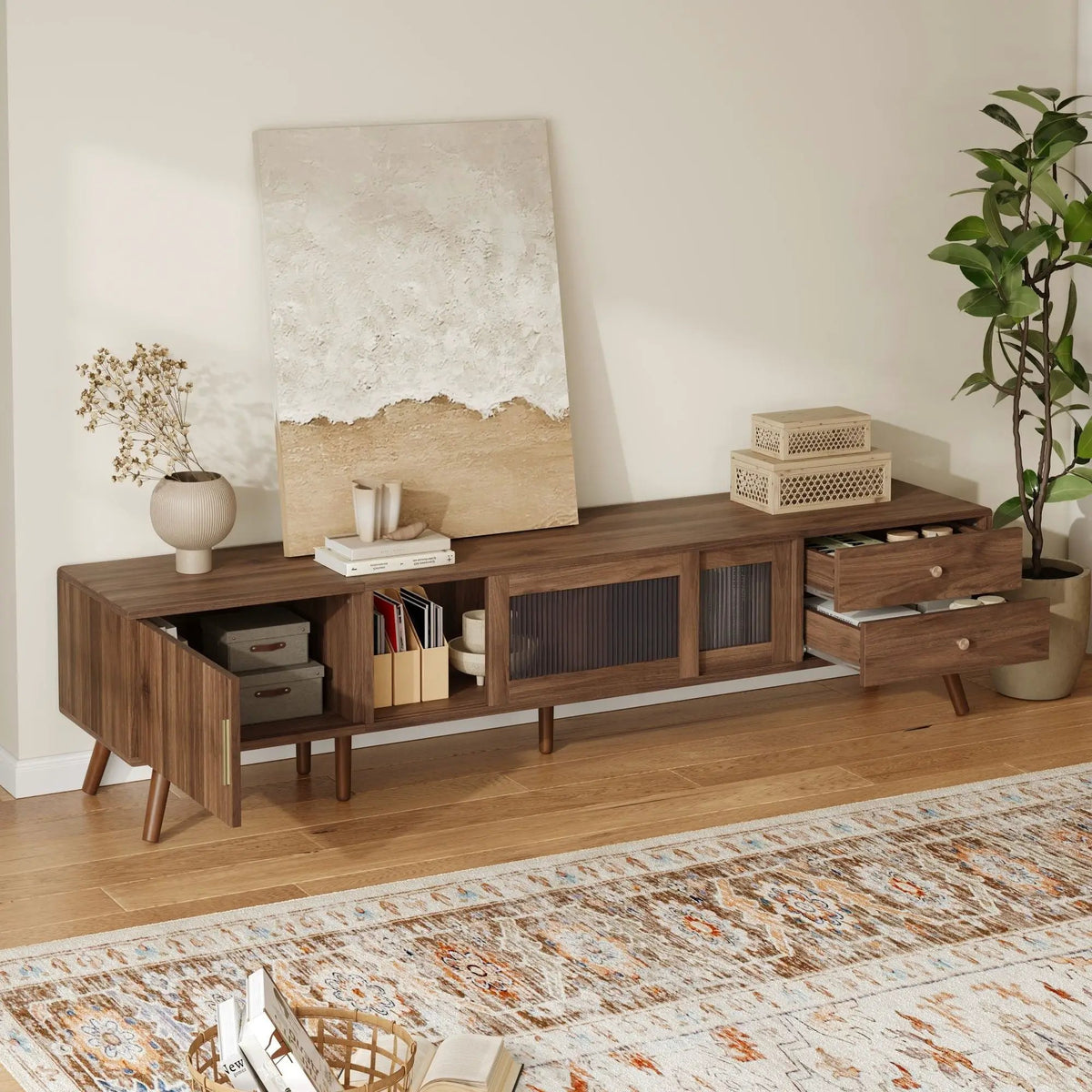 TV Stand | Fits 85 Inch TV | Tempered Glass Doors | Natural