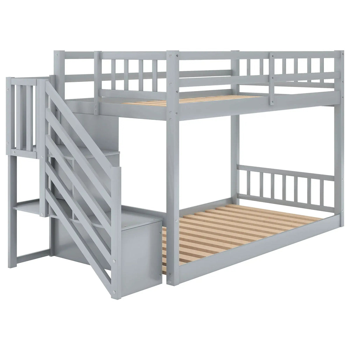 Floor Bunk Bed | Dual Guardrails | Ladder Storage | Twin Over Twin