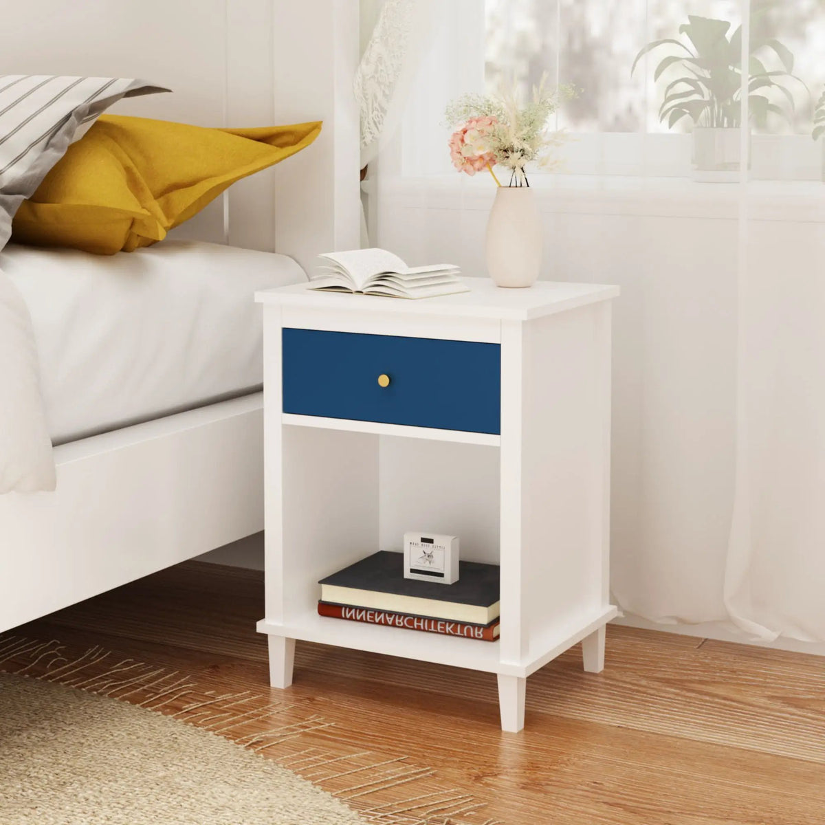 Nightstand With 1 Drawer And 1 Shelf | Aluminum Handles | Tip-Over Restraint | Child-Safe Design
