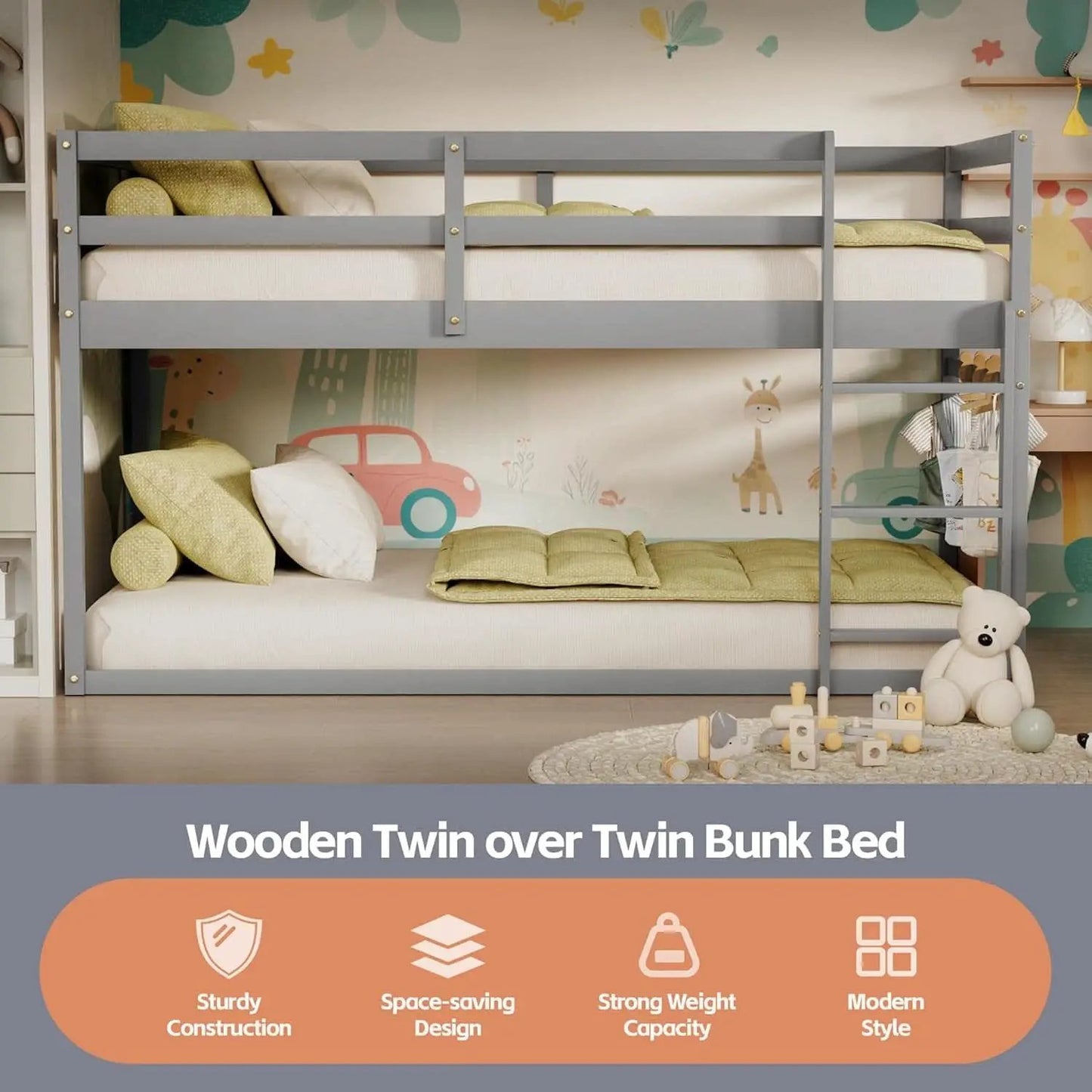 Grey Low Bunk Bed Twin Over Twin With Ladder For Kids Room from PriceLows™