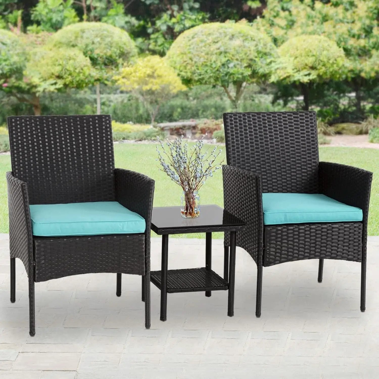 3 Piece Outdoor Patio Furniture Set With 2 Rattan Chairs And Blue Cushions For Porch And Garden from PriceLows™