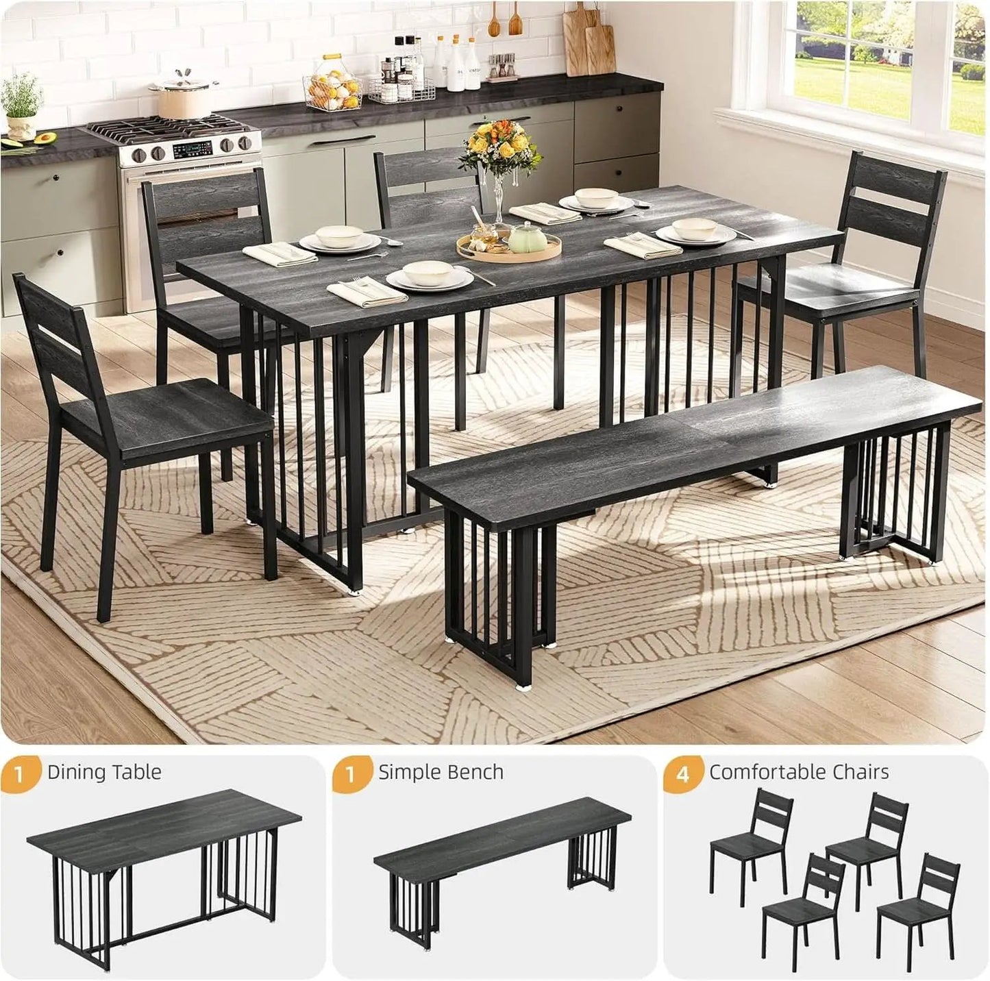 63 Inch Dark Grey Rectangular Dining Table Set Farmhouse from PriceLows™