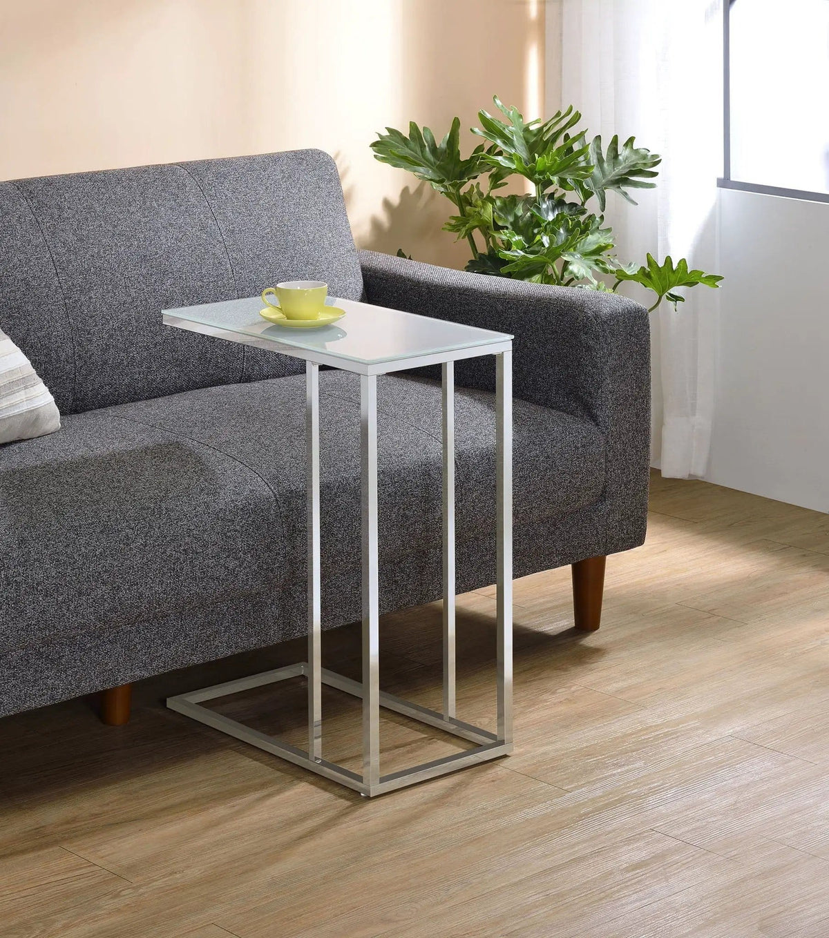 Stella White Glass Top C-Shaped Sofa Side Table Chrome | 10 x 18 x 24 in | Glass & Metal | Living Room