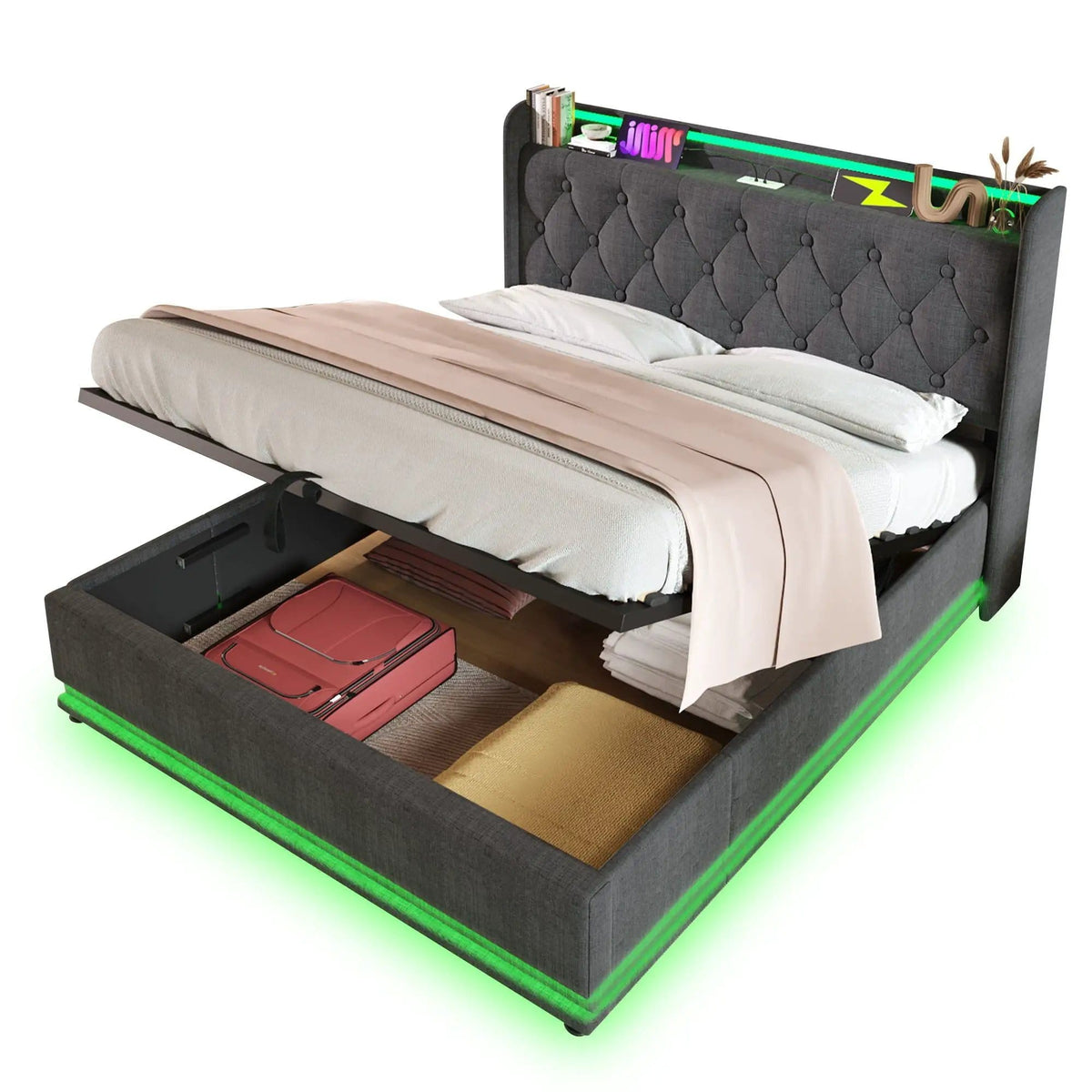 Upholstered Bed, 360 Surround LED Function, Remote Control, Hydraulic Storage Bed | 8 Pieces | Fabric & Iron | Bedroom