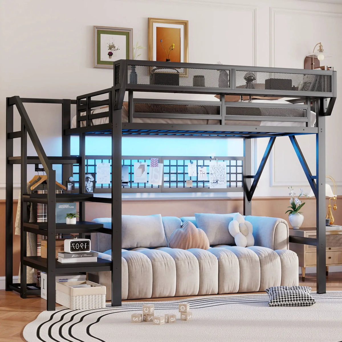 Metal Loft Bed | Integrated Storage Stairs | Upper Safety Shelf
