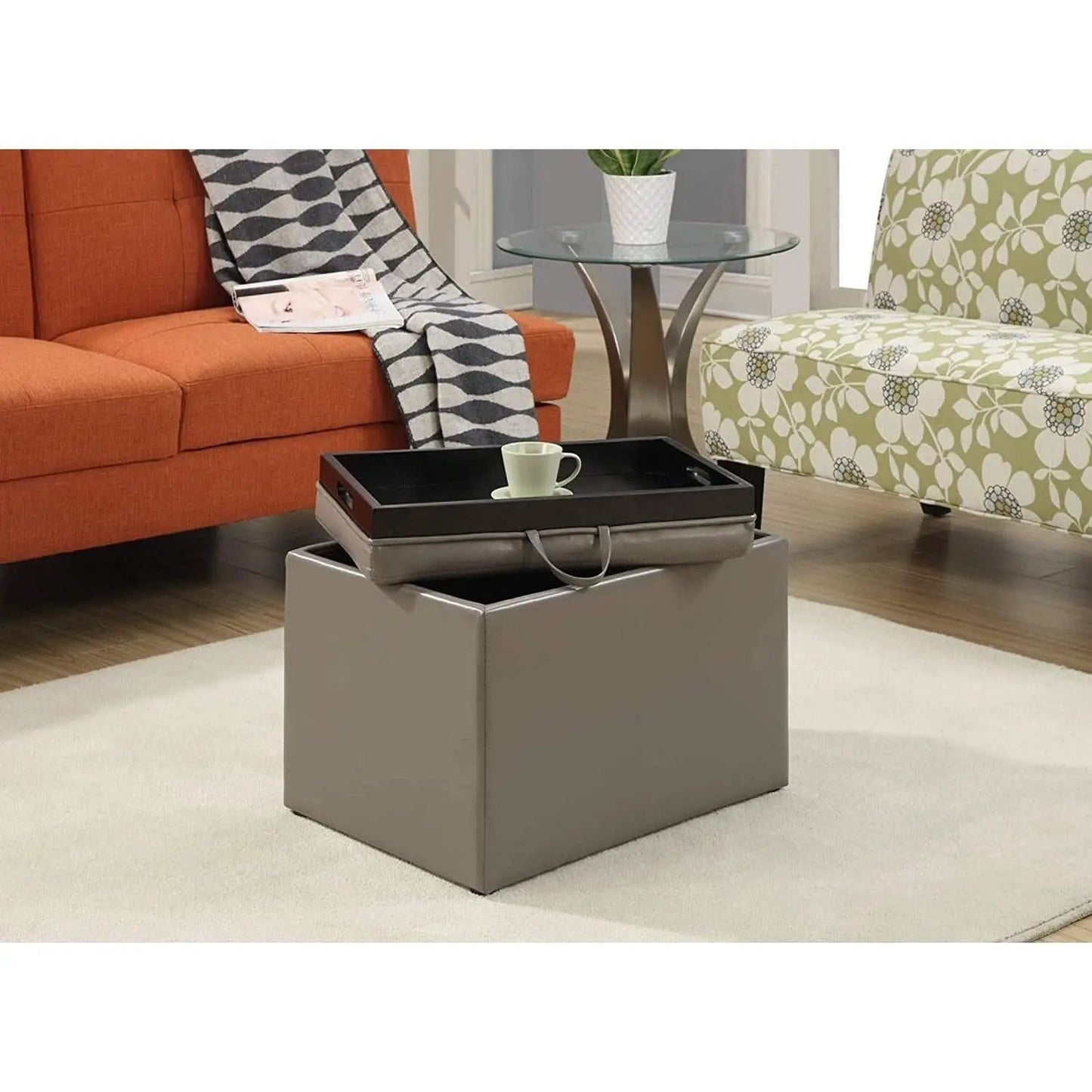 Gray Storage Ottoman With Reversible Tray Top Modern Design from PriceLows™