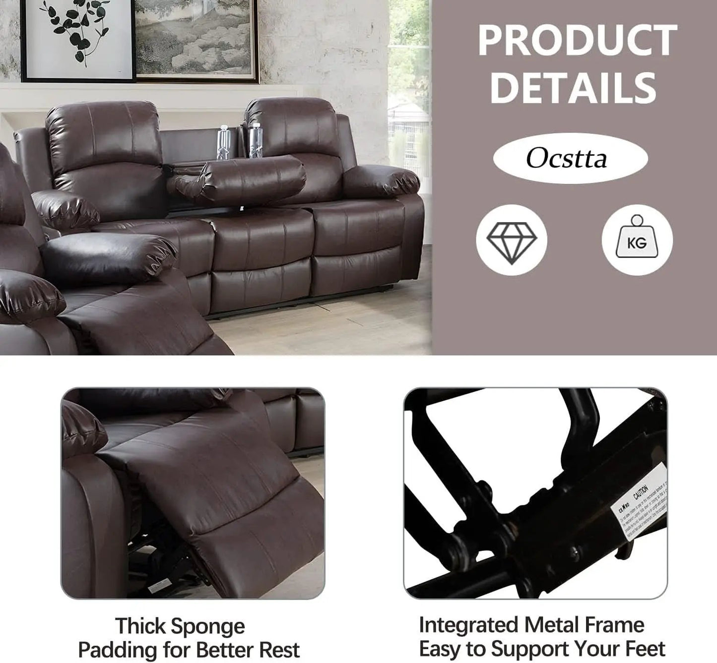 Manual Leather Recliner Sofa Set Brown For Living Room from PriceLows™