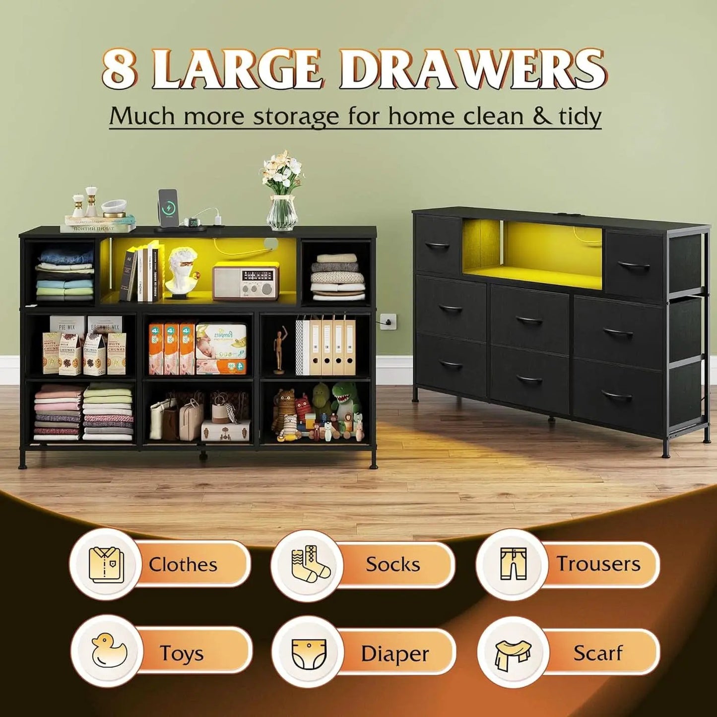 Black Fabric Dresser With Charging Station And LED Lights from PriceLows™